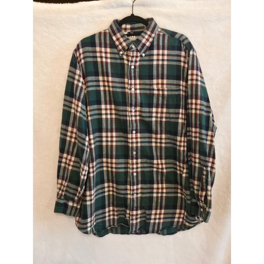 LL Bean Men's Large Tall Northwoods Green Plaid Flannel Shirt Button Down C897